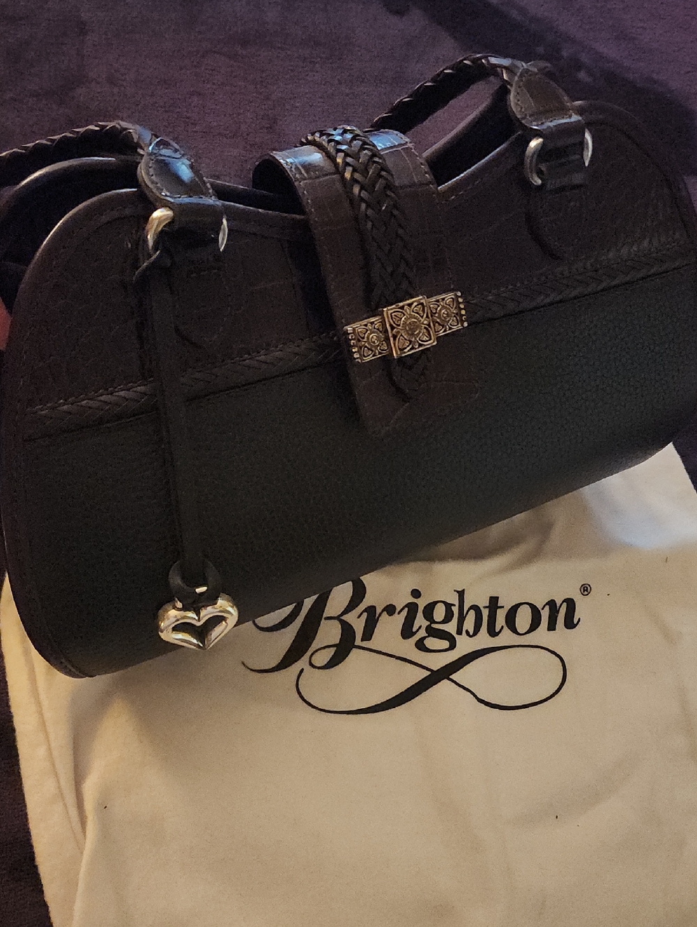 VINTAGE BRIGHTON TWO-TONE  Brown/ Blk Leather Shoulder Bag with Silver Accents